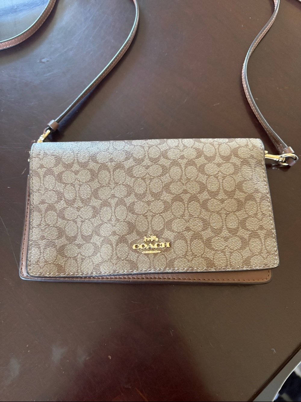 Coach Brown Signature Canvas Crossbody Wallet with Gold Logo